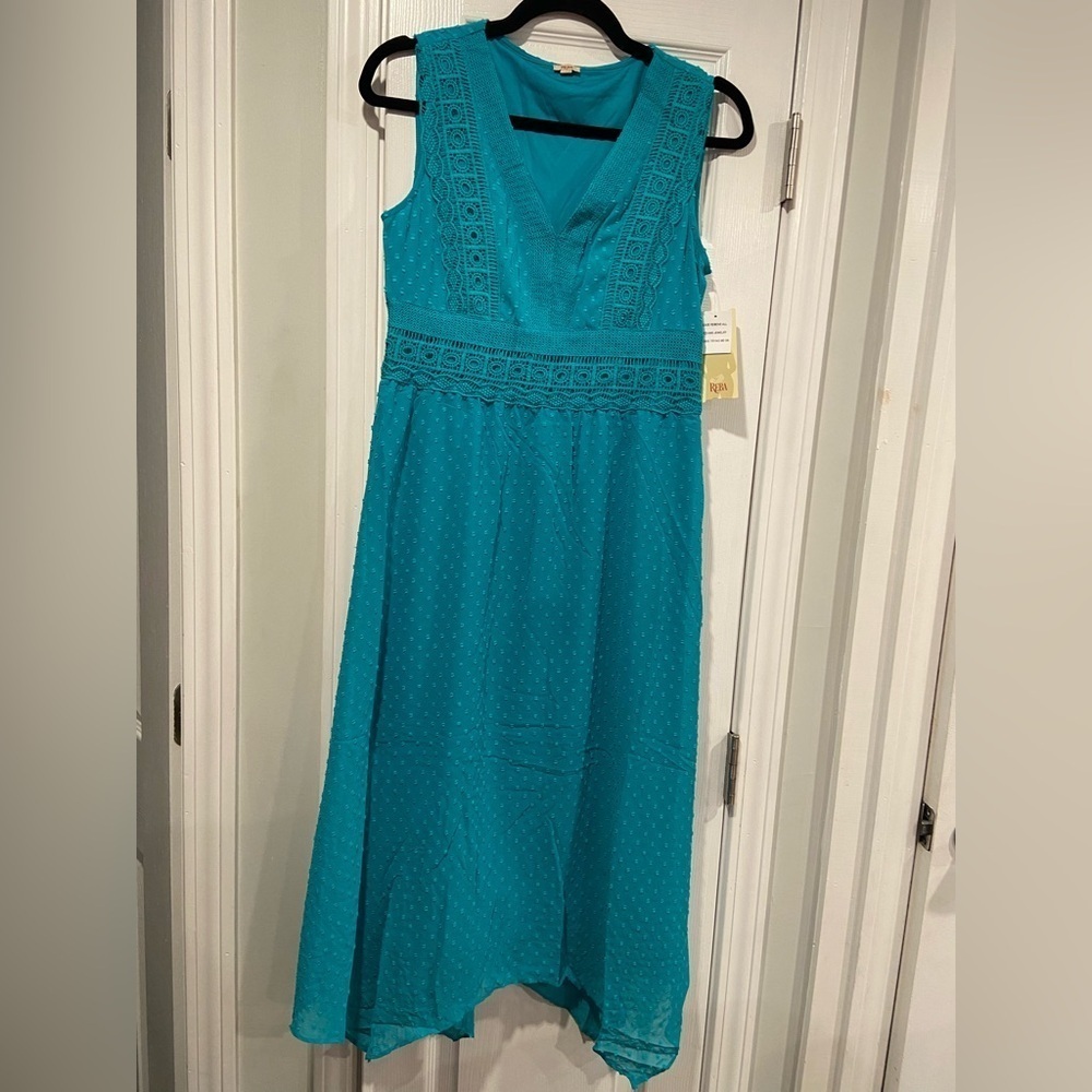 NWT Reba Size L Turquoise Swiss Dot Lace Sleeveless Midi Dress Asymmetrical Hem